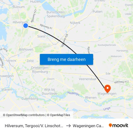 Hilversum, Tergooi/V. Linschotenlaan to Wageningen Campus map