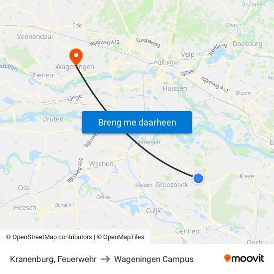 Kranenburg, Feuerwehr to Wageningen Campus map