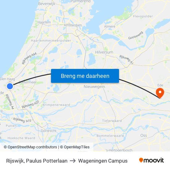 Rijswijk, Paulus Potterlaan to Wageningen Campus map