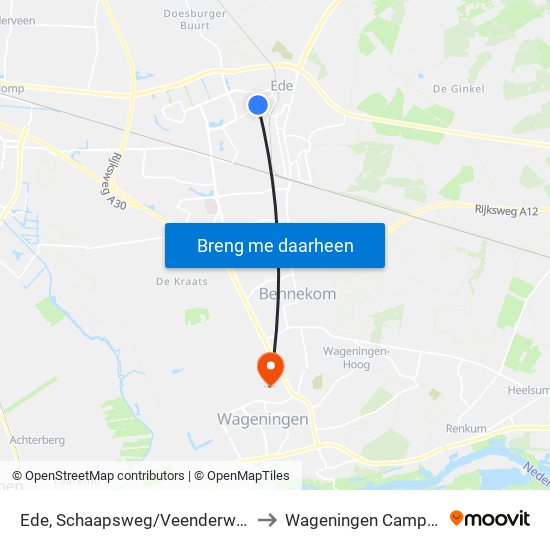 Ede, Schaapsweg/Veenderweg to Wageningen Campus map