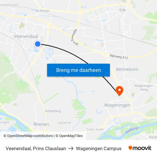 Veenendaal, Prins Clauslaan to Wageningen Campus map