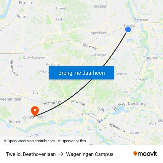 Twello, Beethovenlaan to Wageningen Campus map
