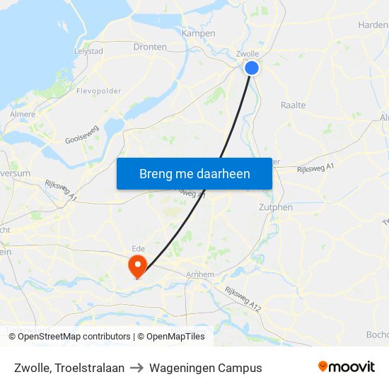 Zwolle, Troelstralaan to Wageningen Campus map