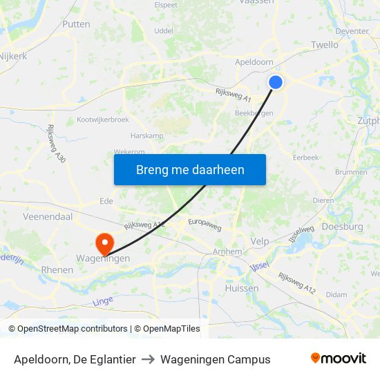 Apeldoorn, De Eglantier to Wageningen Campus map