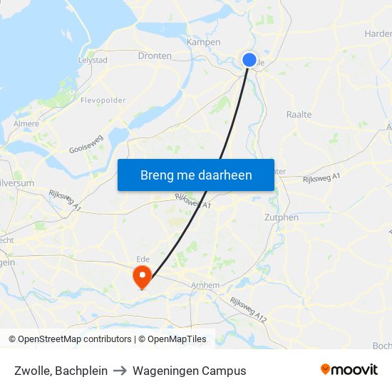 Zwolle, Bachplein to Wageningen Campus map