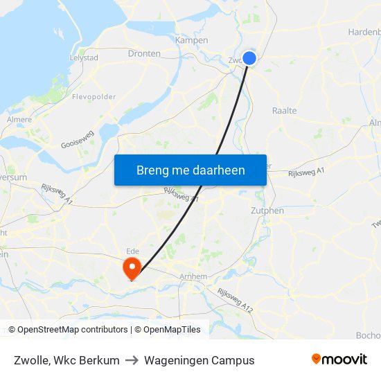 Zwolle, Wkc Berkum to Wageningen Campus map