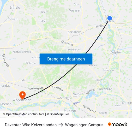 Deventer, Wkc Keizerslanden to Wageningen Campus map