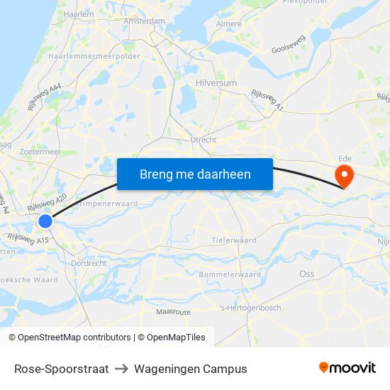 Rose-Spoorstraat to Wageningen Campus map