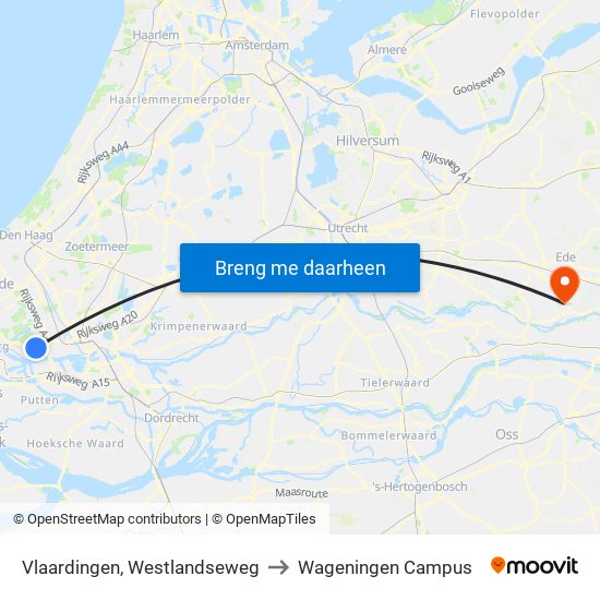 Vlaardingen, Westlandseweg to Wageningen Campus map