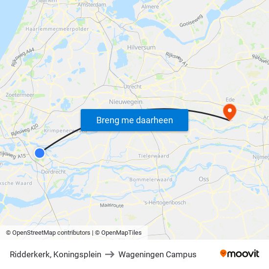 Ridderkerk, Koningsplein to Wageningen Campus map