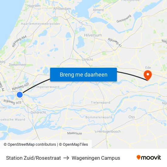 Station Zuid/Rosestraat to Wageningen Campus map