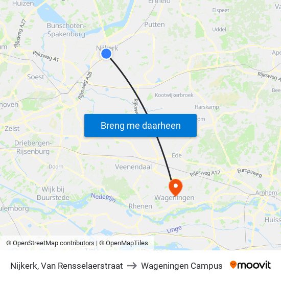 Nijkerk, Van Rensselaerstraat to Wageningen Campus map