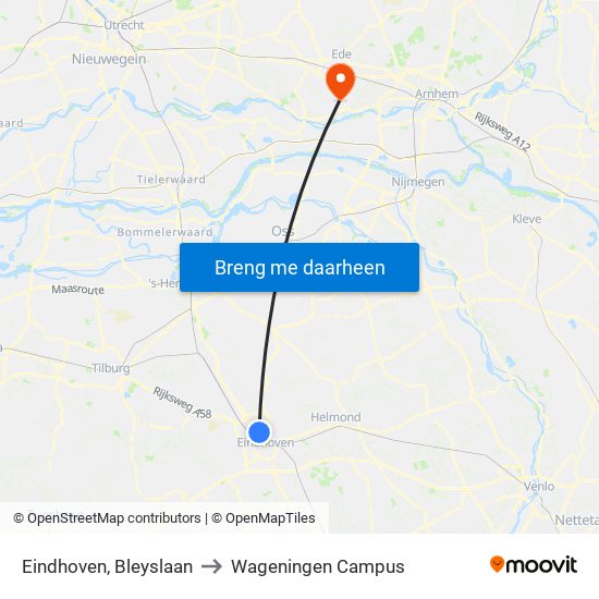 Eindhoven, Bleyslaan to Wageningen Campus map