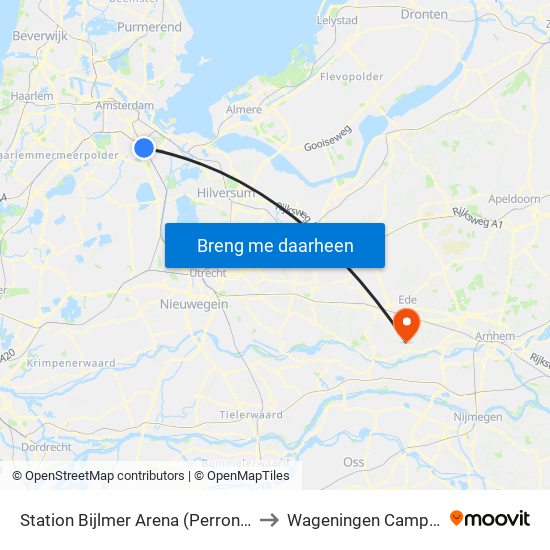 Station Bijlmer Arena (Perron F) to Wageningen Campus map
