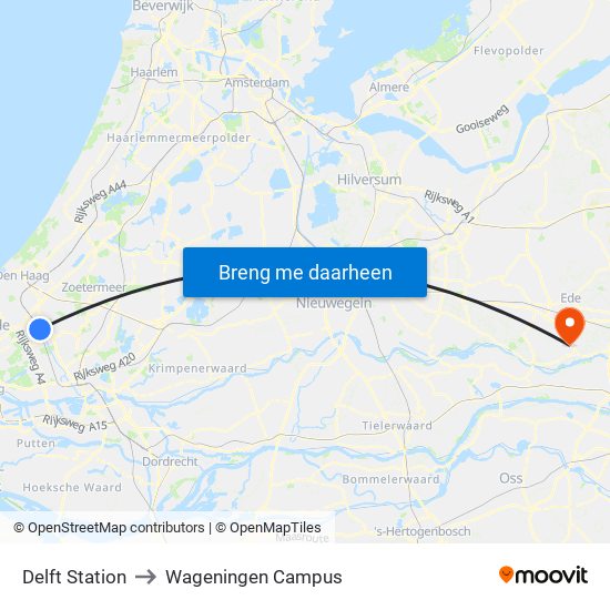 Delft Station to Wageningen Campus map