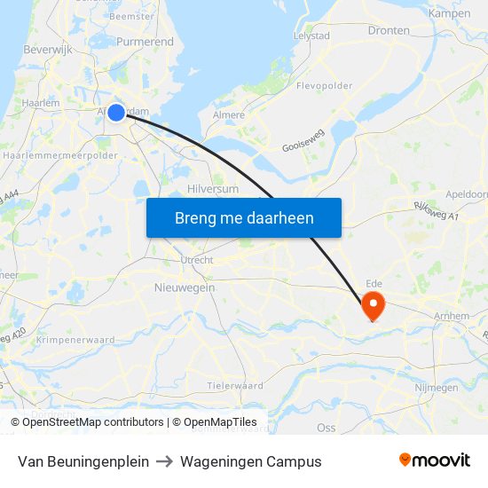 Van Beuningenplein to Wageningen Campus map