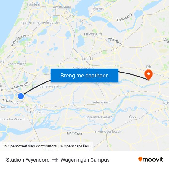 Stadion Feyenoord to Wageningen Campus map