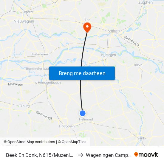 Beek En Donk, N615/Muzenlaan to Wageningen Campus map