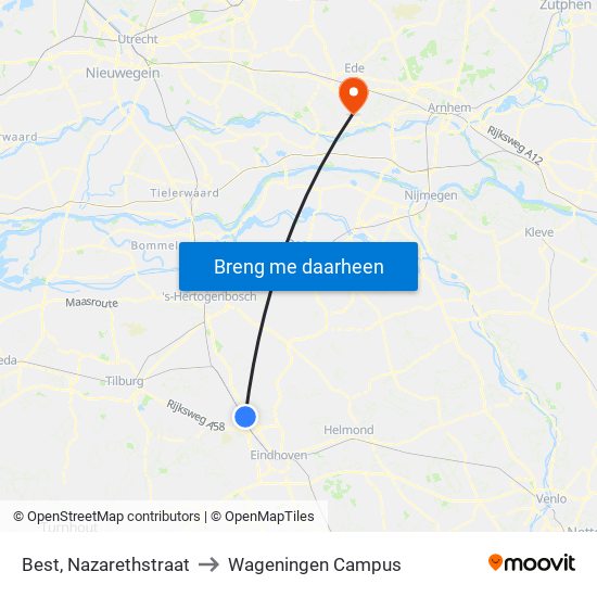 Best, Nazarethstraat to Wageningen Campus map