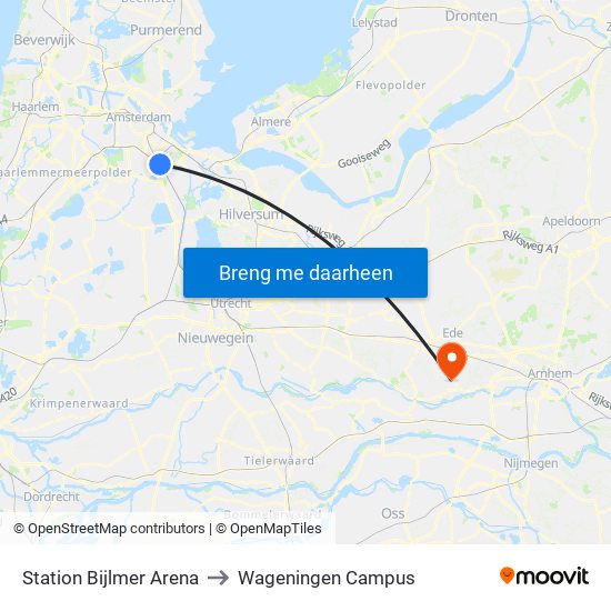 Station Bijlmer Arena to Wageningen Campus map