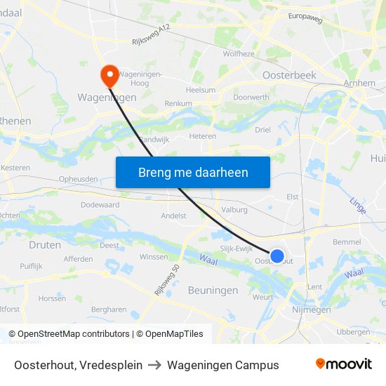 Oosterhout, Vredesplein to Wageningen Campus map