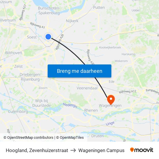 Hoogland, Zevenhuizerstraat to Wageningen Campus map