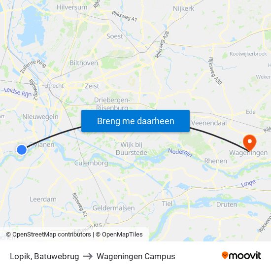 Lopik, Batuwebrug to Wageningen Campus map