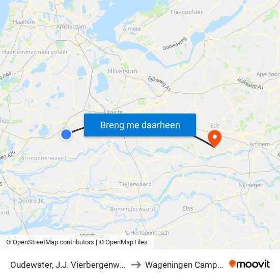 Oudewater, J.J. Vierbergenweg to Wageningen Campus map