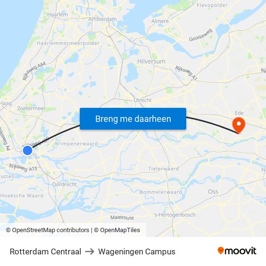 Rotterdam Centraal to Wageningen Campus map