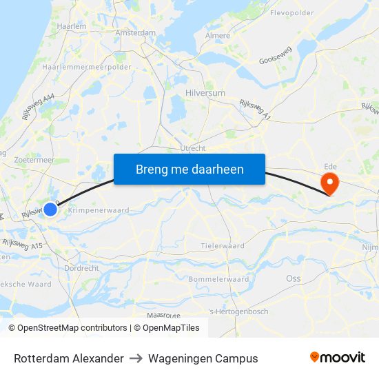 Rotterdam Alexander to Wageningen Campus map