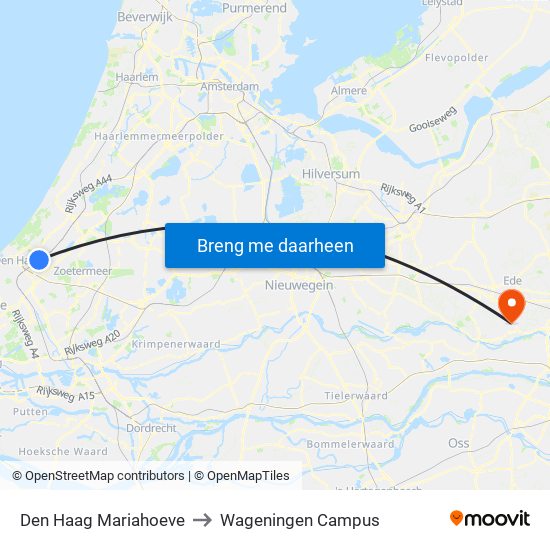 Den Haag Mariahoeve to Wageningen Campus map