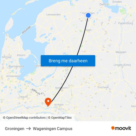 Groningen to Wageningen Campus map