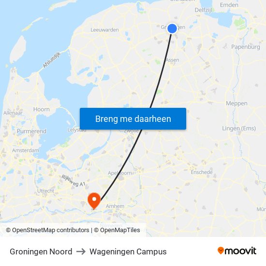 Groningen Noord to Wageningen Campus map