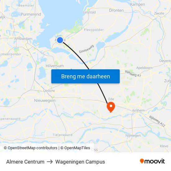 Almere Centrum to Wageningen Campus map