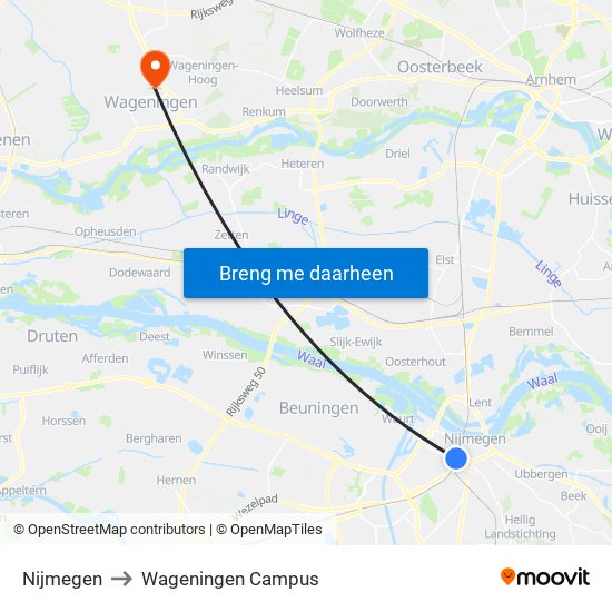 Nijmegen to Wageningen Campus map