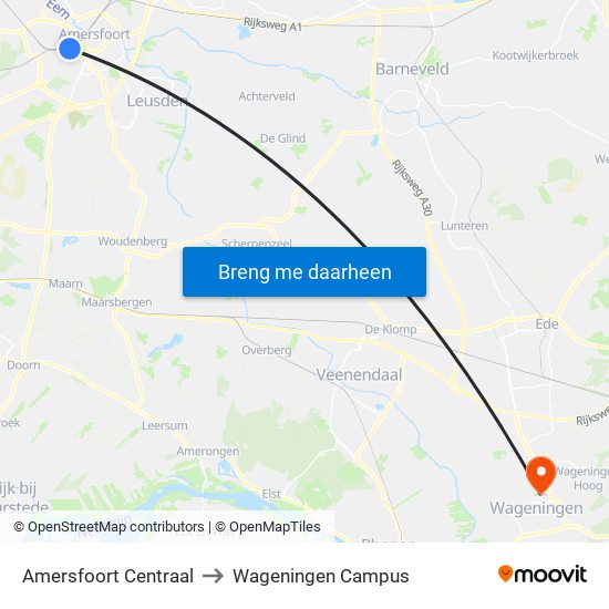 Amersfoort Centraal to Wageningen Campus map