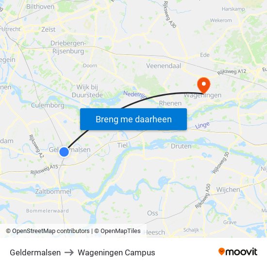 Geldermalsen to Wageningen Campus map