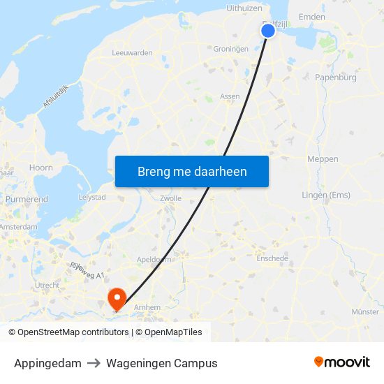 Appingedam to Wageningen Campus map