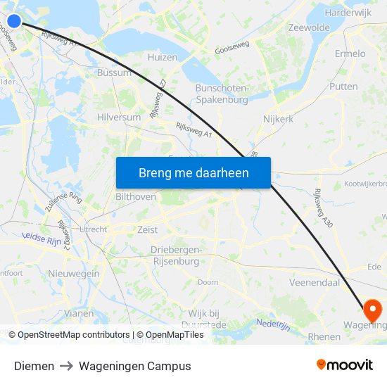 Diemen to Wageningen Campus map