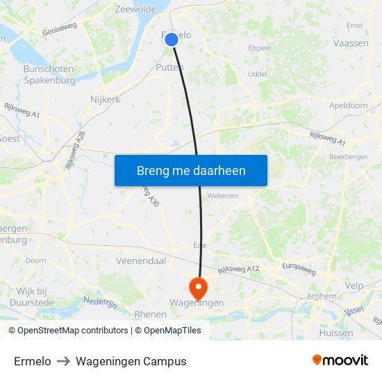 Ermelo to Wageningen Campus map