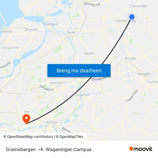 Gramsbergen to Wageningen Campus map