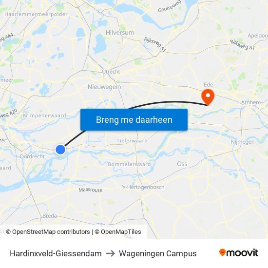Hardinxveld-Giessendam to Wageningen Campus map