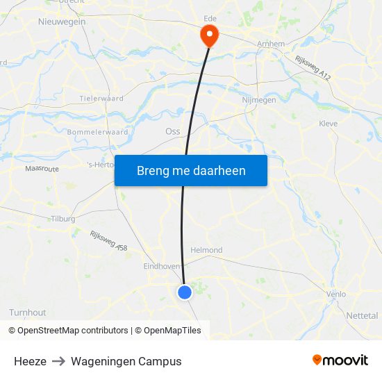 Heeze to Wageningen Campus map