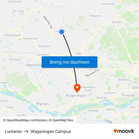 Lunteren to Wageningen Campus map