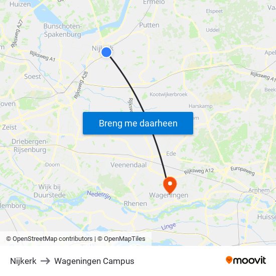 Nijkerk to Wageningen Campus map