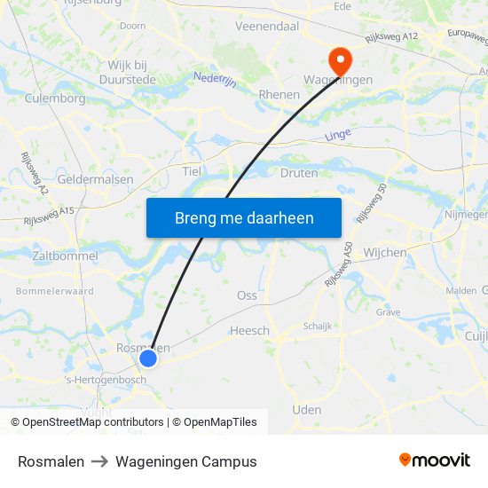 Rosmalen to Wageningen Campus map