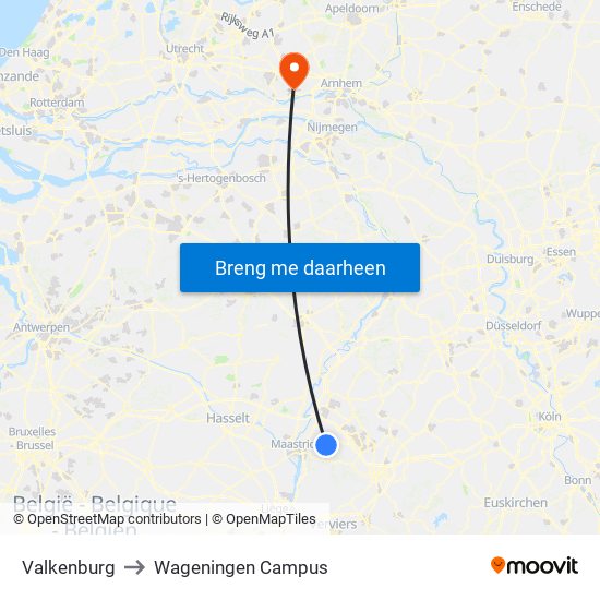 Valkenburg to Wageningen Campus map