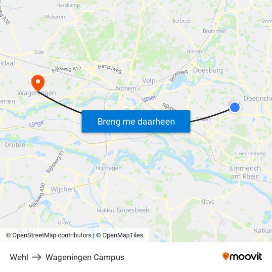 Wehl to Wageningen Campus map