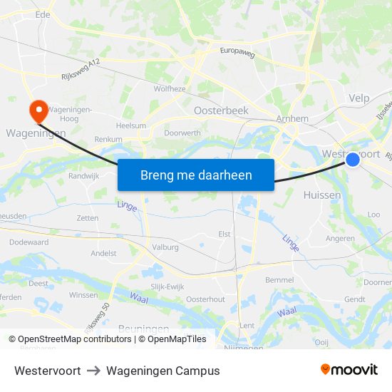Westervoort to Wageningen Campus map