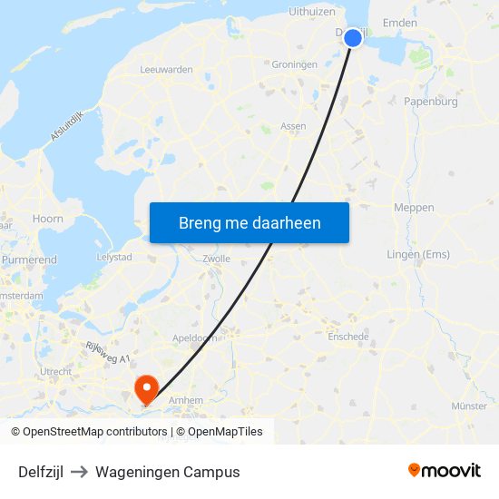 Delfzijl to Wageningen Campus map